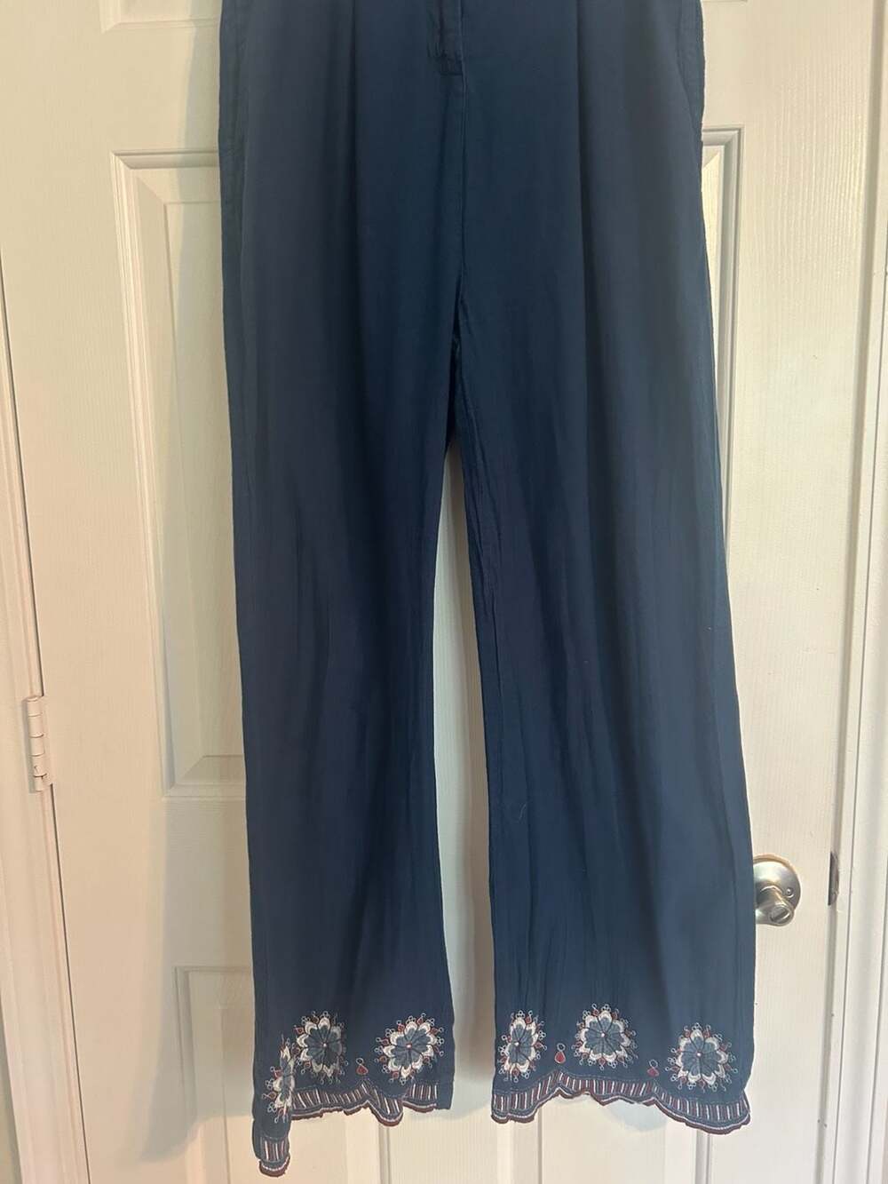 Bombay Paisley Navy Blue Embroidered Wide Leg Cotton Linen Pants Size XL